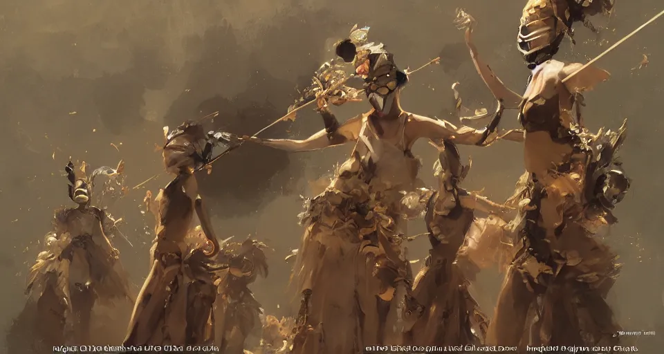 Image similar to craig mullins and ghibli digital art of on the stage, masked female violinists, exotic costumes, gold jewelry, black hair, solo performance realistic shading, cinematic composition, realistic render, octane render, detailed textures, photorealistic, wide shot