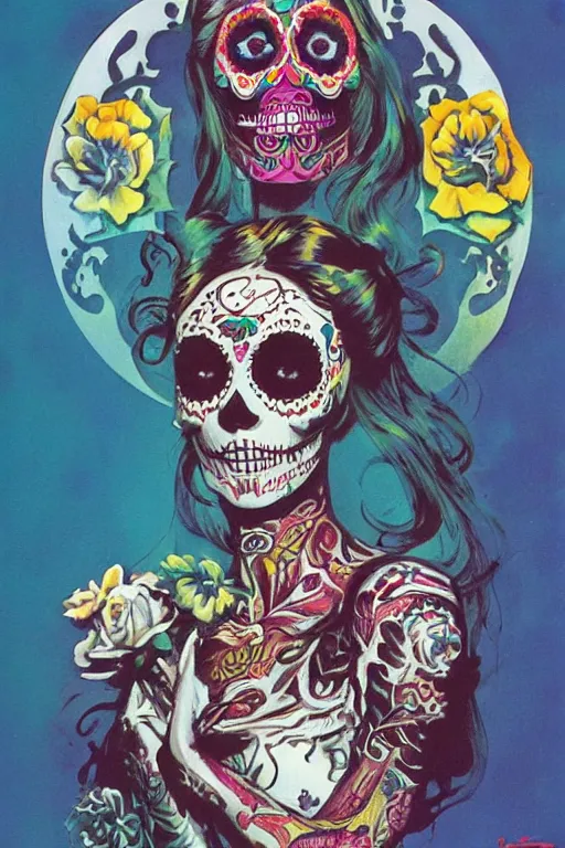 Prompt: Illustration of a sugar skull day of the dead girl, art by peter andrew jones