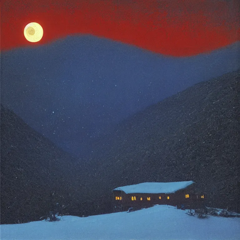 Prompt: new hampshire, mountains, winter, night, moon light, luminous, arkhip kuindzhi, glaze oil painting