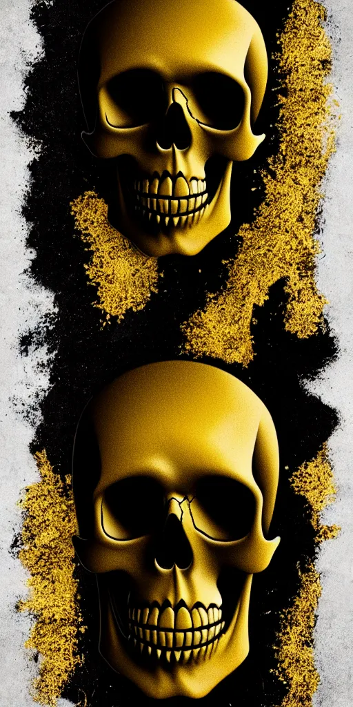 Prompt: a matte black skull that is split in half and has liquid gold paint dripping over it, with an art deco boarder, high quality, photo realistic, studio lighting