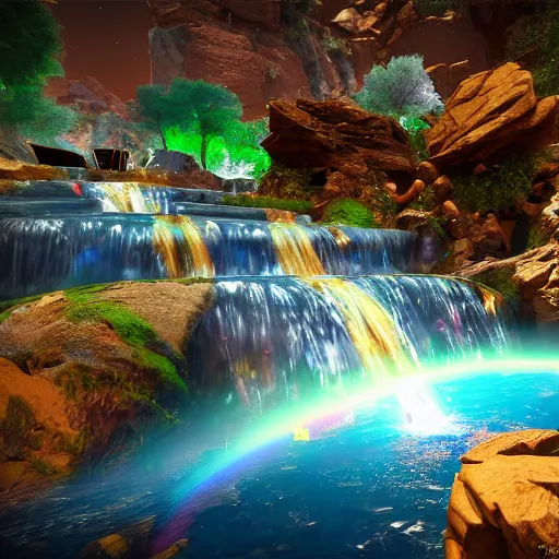 Prompt: the universe is a waterfall spilling onto the rocks of forgiveness in a million bright colors of swirling love, unreal engine, dramatic lighting, cinematic