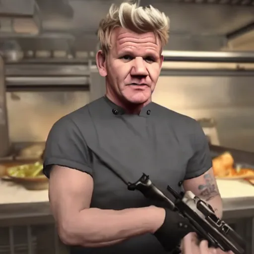 Image similar to gordon ramsay in call of duty throwing food, very detailed, realistic, 4 k