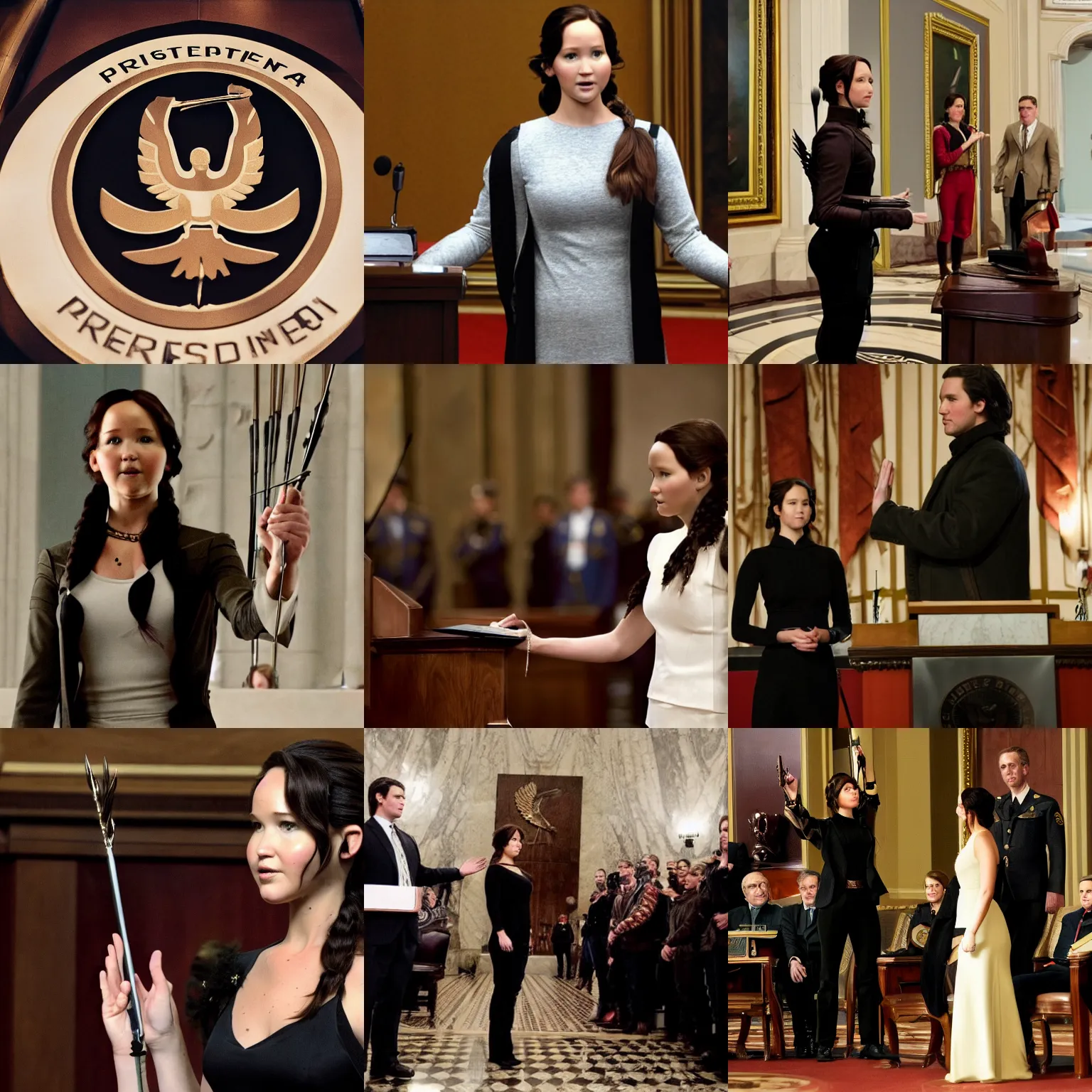 Prompt: Katniss Everdeen getting sworn in as president on Capitol Hill