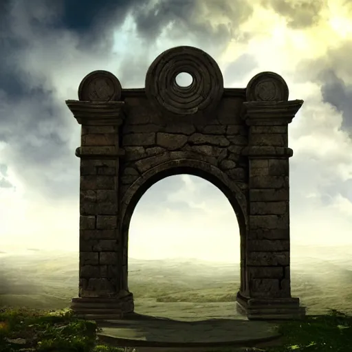 Prompt: stargate made of stone that form a circle, cinematic view, epic sky