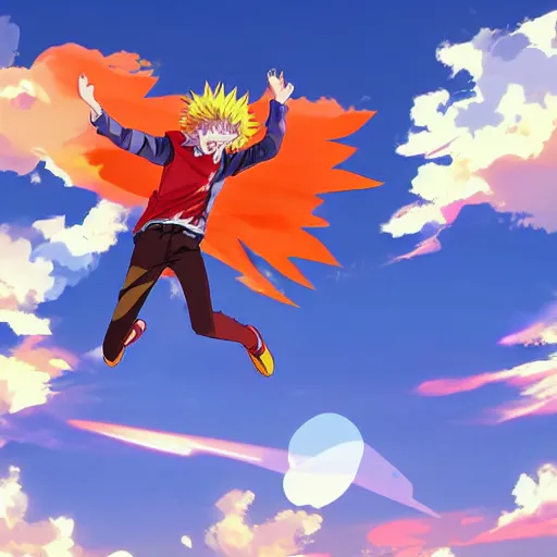 Image similar to orange - haired anime boy, 1 7 - year - old anime boy with wild spiky hair, wearing red jacket, flying through sky, jumping through clouds, late evening, blue hour, cirrus clouds, pearly sky, ultra - realistic, sharp details, subsurface scattering, blue sunshine, intricate details, hd anime, 2 0 1 9 anime