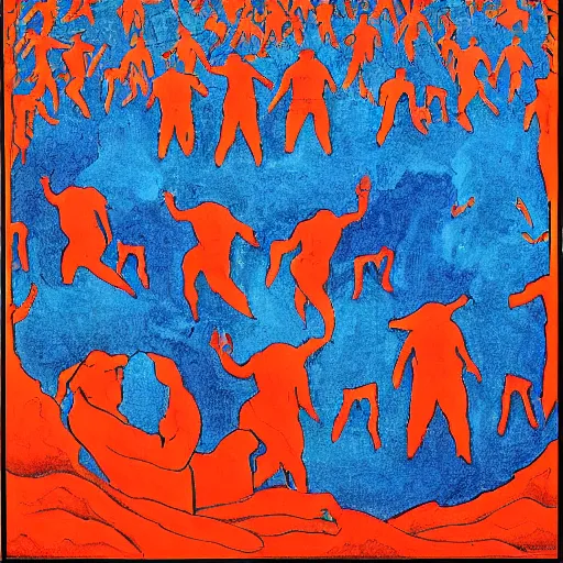 Image similar to a red person inside a giant herd of blue people, symbolist, visionary, dreamlike