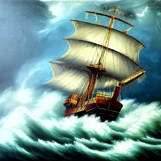 Image similar to a photo realistic oil painting of a galleon caught in a storm with high waves and lightning