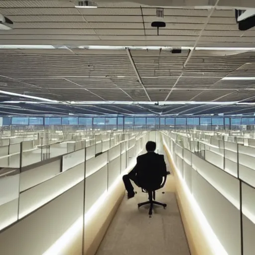 Image similar to a lone person working in a huge room full of cubicles, the only light is coming from his desk