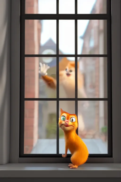 Image similar to happy cat holding one cup of coffee at house window. Pixar Disney 4K 3d render funny animation movie Oscar winning trending on ArtStation and Behance. Ratatouille style.