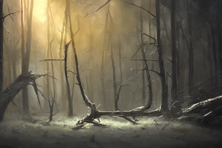 Image similar to fallen tree in a forest, winter, sci-fi, cinematic lighting, greg rutkowski