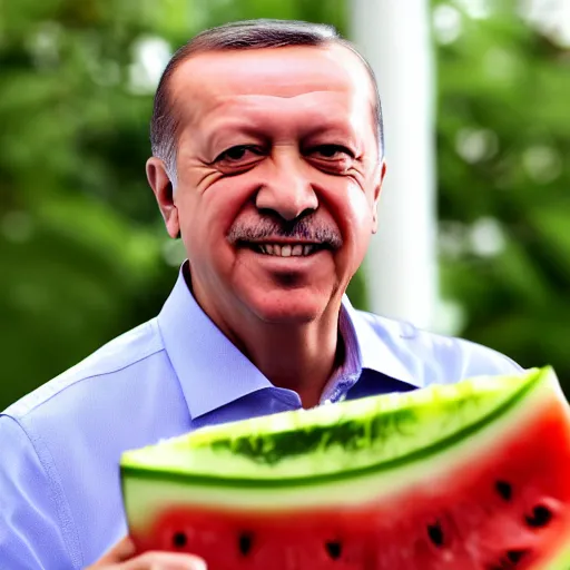 Image similar to recep tayyip erdogan smiling holding watermelon, studio photograph, hd, studio