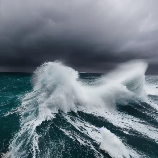 Image similar to a giant wave about to crash on a cruise ship, wave, giant, rough seas, weather, cruise, ship, hurricane, canon eos r 3, f / 1. 4, iso 2 0 0, 1 / 1 6 0 s, 8 k, raw, unedited, symmetrical balance, wide angle