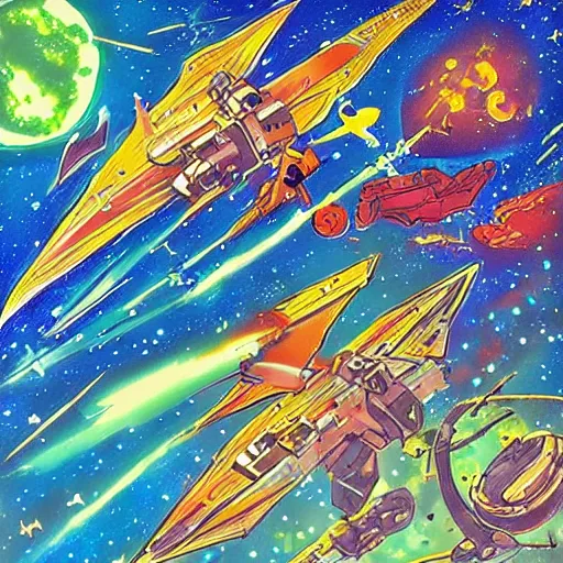 Image similar to an epic space battle, mixed art styles