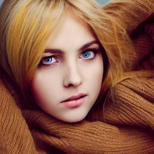 Image similar to beautifull women with brown eye, yellow hair, wearing soft clothes