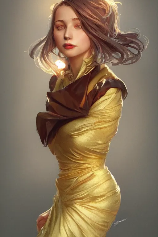 Image similar to a girl wearing a golden dress, grey hair, red necktie, cinematic, stunning, highly detailed, digital painting, artstation, smooth, hard focus, full body shot, illustration, art by artgerm and greg rutkowski and alphonse mucha