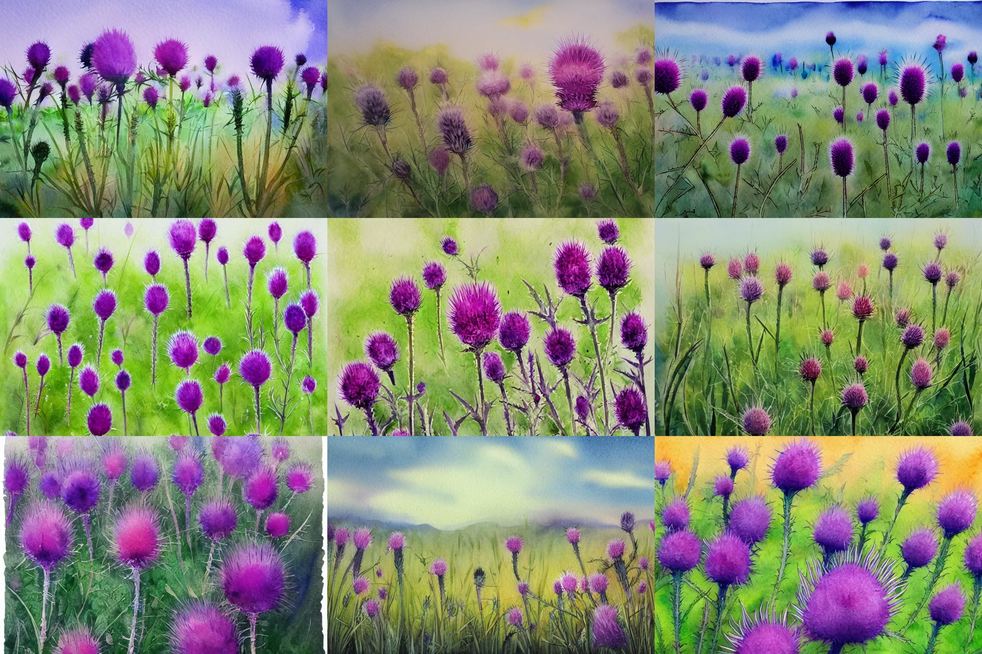 Prompt: thistle field, high quality watercolors, award winning, trending on artstation
