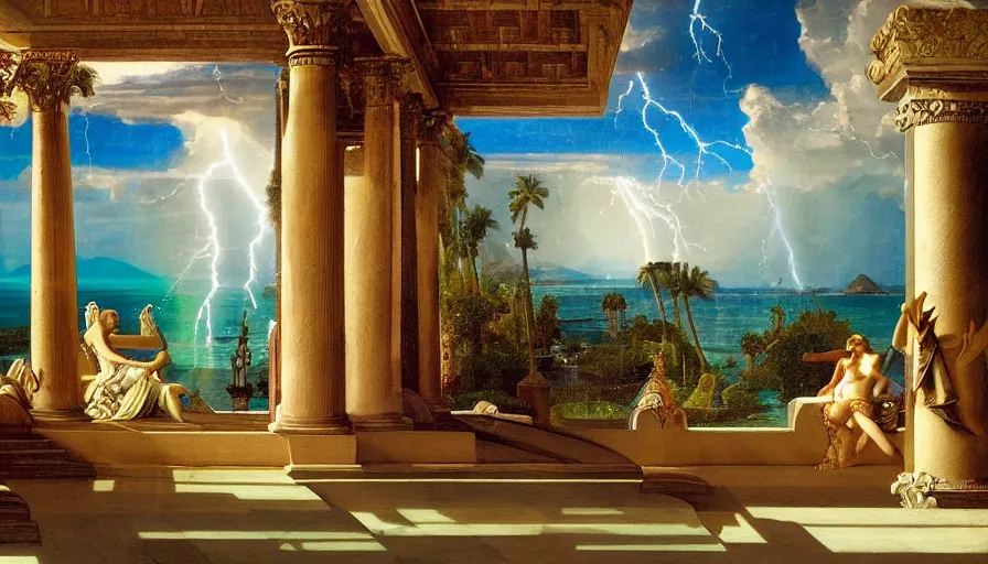 Image similar to From Inside the giant Palace, mediterranean balustrade and columns, refracted line and sparkles, thunderstorm, greek pool, beach and Tropical vegetation on the background major arcana sky and occult symbols, by paul delaroche, hyperrealistic 4k uhd, award-winning, very detailed paradise