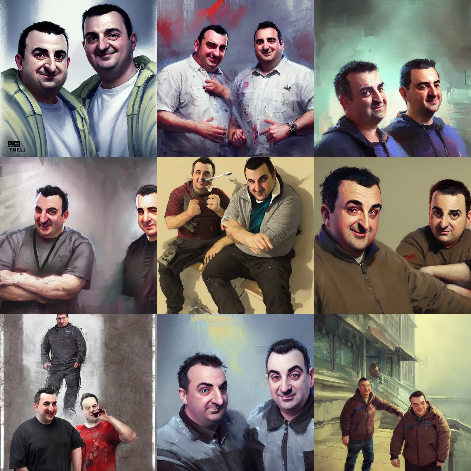 Prompt: highly detailed masterpiece painting of Mike Stoklasa and Jay Bauman featured on Artstation by Greg Rutkowski, WLOP and Ross Tran