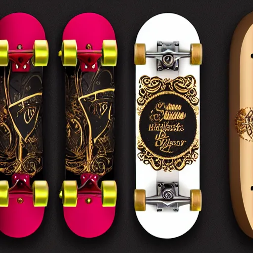 Prompt: steampunk skateboard gold black and rose, shiny golden, studio light, 4 k, highly detailed, black background, light on top