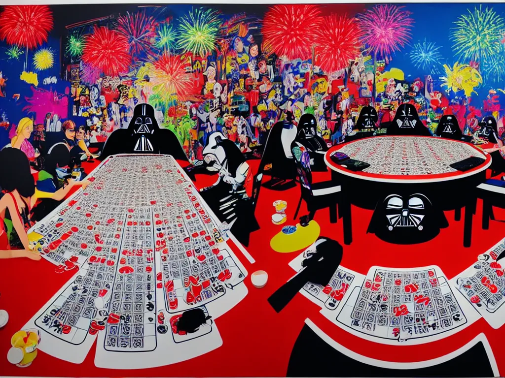 Image similar to hyper - realistic composition of a large room with an extremely detailed poker table in the center, woman in traditional japanese kimono standing nearby, darth vader sitting at the table, fireworks in the background, pop art style, jackie tsai style, andy warhol style, acrylic on canvas, dull palette