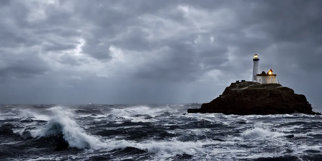 Image similar to the lighthouse at the end of the world, night, epic clouds, atmospheric, big waves crashing