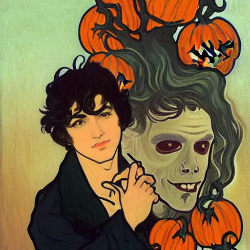 Prompt: painting of young cute handsome beautiful dark medium wavy hair man in his 2 0 s named shadow taehyung and cute handsome beautiful min - jun together at the halloween jack o lantern party, melancholy, autumn colors, elegant, clear, painting, stylized, soft facial features, delicate facial features, visible eyes, art by alphonse mucha, vincent van gogh, egon schiele