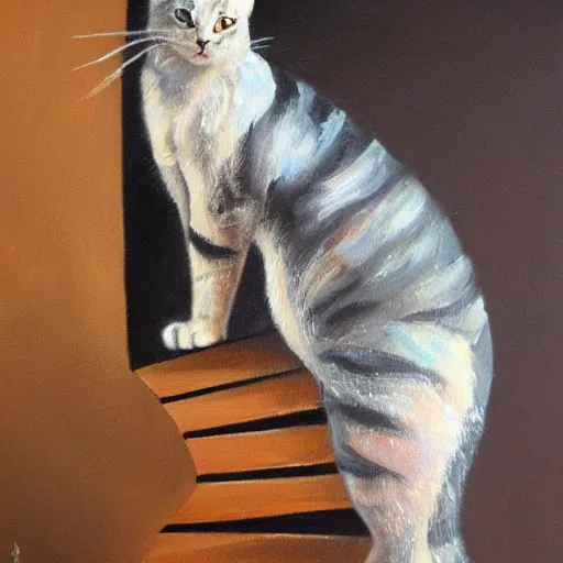 Image similar to a cat on a spiral staircase, close up cat, expressive oil painting, trending on artstation