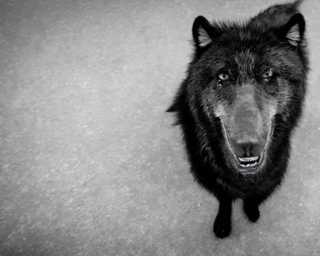 Prompt: Close up camera footage of a extremely aggressive Feral Black Dire Wolf with severe late stage rabies in an abandoned shopping mall, Wolf Snarling Directly toward camera, It Follows, Terrifying :7 , high exposure, dark, monochrome, camera, grainy, CCTV, security camera footage, timestamp, zoomed in, Creepy, Feral, fish-eye lens, Rabid, Dire Wolf, Nightmare Fuel, Wolf, Evil, Stalking, Bite, Motion Blur, horrifying, lunging at camera :4 Blood on floors, windows and walls :5