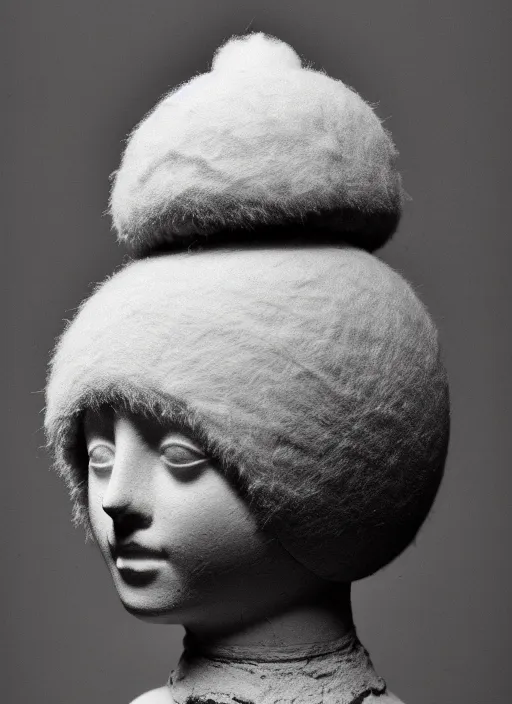 Prompt: realistic photo of a a medieval antique old wooden sculpture of a girl dressed white spherical fluffy hat helmet, greyscale 1 9 9 0, life magazine photo, natural colors, metropolitan museum, kodak