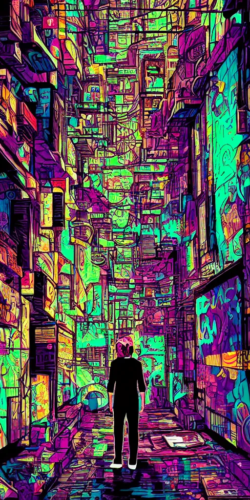 Prompt: person standing in a cyberpunk alley, pop art, markers, rtx, 8 k, ray tracing, highly detailed