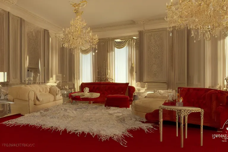 Prompt: Emulating reality, R6, 4K HD, photo realistic render, unreal engine, highly detailed refraction, accurate Isometric Viewpoint, vray: (subject = decorated living room + subject detail= red carpet, white fur, high detailed furniture, art decoration, fancy, highly detailed texture render, highly accurate light refraction, rich in texture )