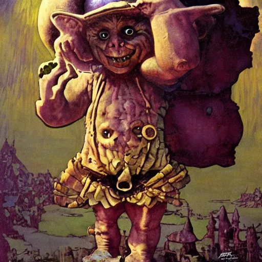 Image similar to possessed munchkin from oz, by lawrence alma-tadema and zdzislaw beksinski and norman rockwell and jack kirby and tom lovell and greg staples, artstation creature art