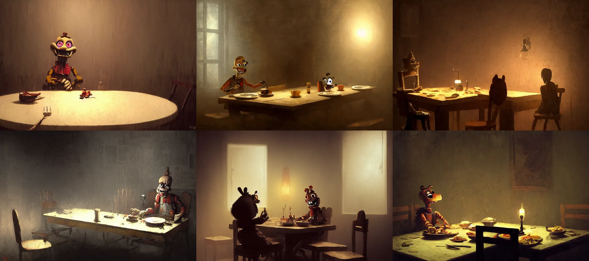 Prompt: woody toy fnaf silent hill eating dinner at a table in the backrooms happiness is temporary by greg rutkowski