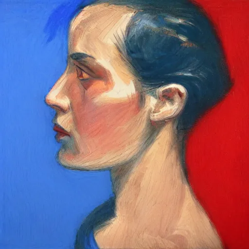 Prompt: profile portrait in portuguese realist style ( 1 9 5 4 ), ultramarine blue, venetian red, titanium white, modeled lighting, detailed, expressive, shadows