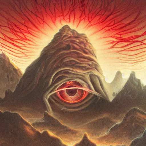 Image similar to translucent fleshy column of gory tendrils holding up a giant all - seeing eyeball, sharp mountains in the distance, dark red sky, smoke rising, apocalyptic, extremely detailed