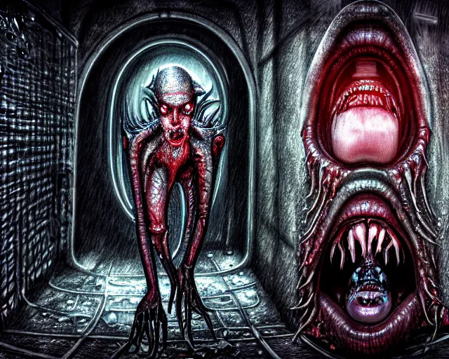 Image similar to sketch of realistic long textured demon wet humanoid alien, smoke, large alien eyes, metallic reflective human teeth dripping greenish acid saliva from teeth, thin red veins, intricate grey fish scales, ornate, cinematic light shadows, reflections, crawling in a wet sewer pipe, dim flashlight lighting, insanely detailed, fisheye lens