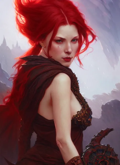 Image similar to a beautiful red haired woman as a demon, deep focus, d & d, fantasy, intricate, elegant, highly detailed, digital painting, artstation, concept art, matte, sharp focus, illustration, hearthstone, art by artgerm and greg rutkowski and alphonse mucha