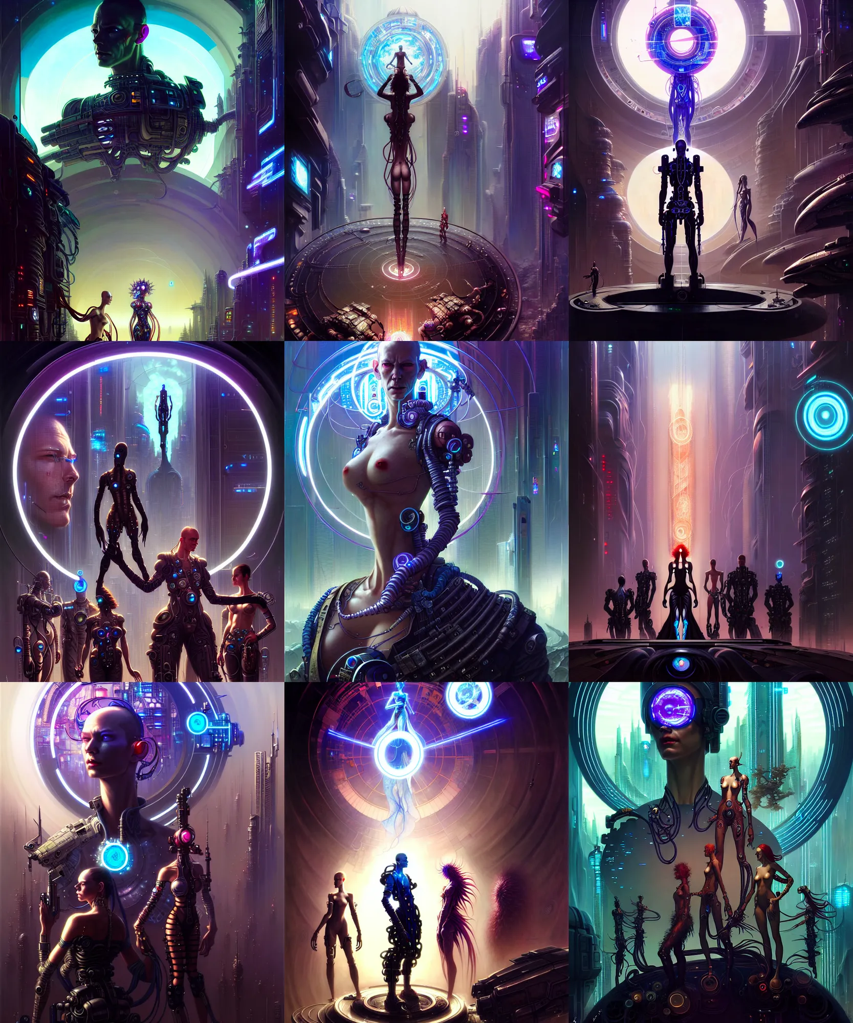 Prompt: beautiful cyberpunk people in a circle fantasy character portrait, ultra realistic, sci fi city, wide angle, intricate details, the fifth element artifacts, highly detailed by peter mohrbacher, hajime sorayama, wayne barlowe, boris vallejo, aaron horkey, gaston bussiere, craig mullins