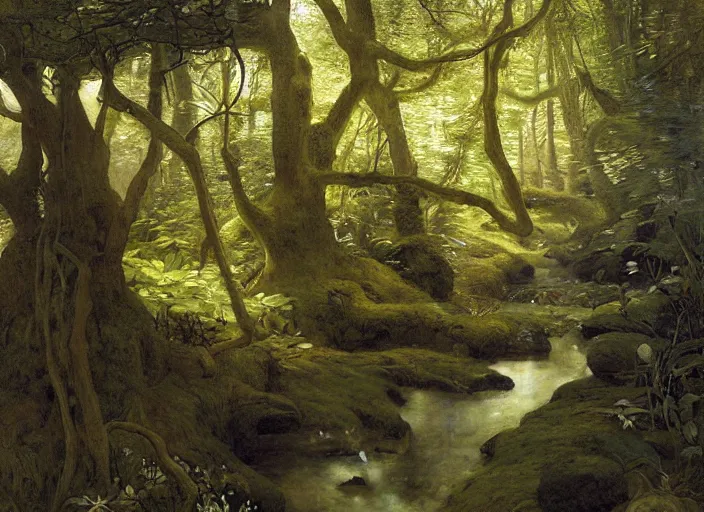 Image similar to airy forest glade ( wide and clear ). dream - like atmosphere ( time seems to dawdle ). cheery stream ( runs through glade, bubbling over rocks ).. edgar maxence and caravaggio and michael whelan and delacroix style, artistic, intricate painting, cinematic lighting, hyper realistic, extremely detailed, vivid colors, establishing shot, dramatic lighting