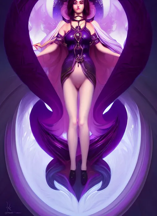 Image similar to symmetry!! portrait of beautiful female character coven ahri, league of legends art, dark atmosphere, purple fire, glowing lights!! intricate, elegant, highly detailed, digital painting, artstation, vector behance hd jartgerm and greg rutkowski and alphonse mucha, hd, 3 2 k