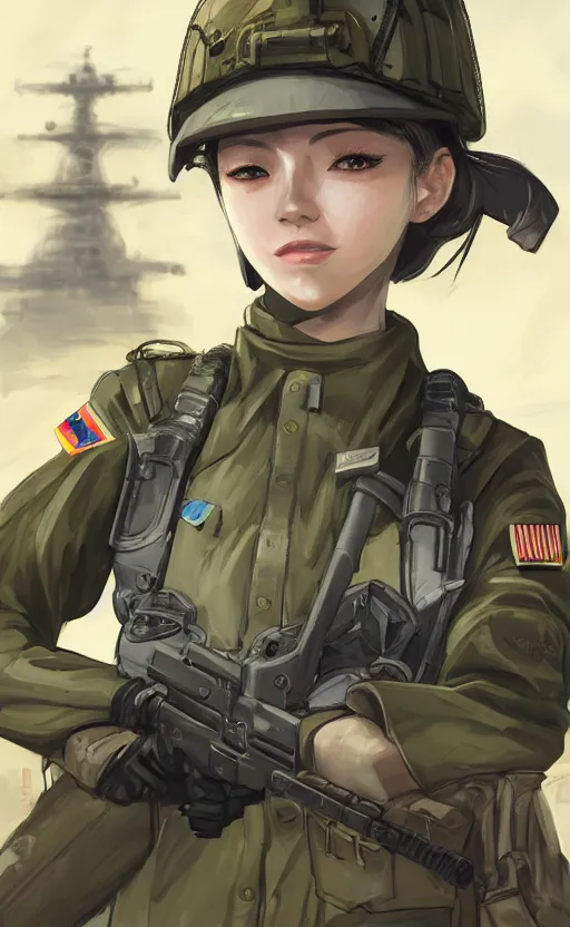 Prompt: portrait of a female soldier, highly detailed, high resolution, military camp in the background, the front of a modern trading card, illustration, character concept art, stunning, girls frontline style, matte, 100mm, by japanese artist shibafu, realistic human anatomy, realistic military carrier, modern warfare, realistic gun design, digitally draw on wacom tablet, low saturation, small eyes, hard surfaces