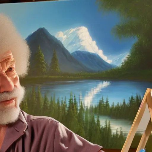 Image similar to a closeup photorealistic photograph of bob ross working on a canvas painting of cookie monster. film still. brightly lit scene. mountains and trees. this 4 k hd image is trending on artstation, featured on behance, well - rendered, extra crisp, features intricate detail, epic composition and the style of unreal engine.