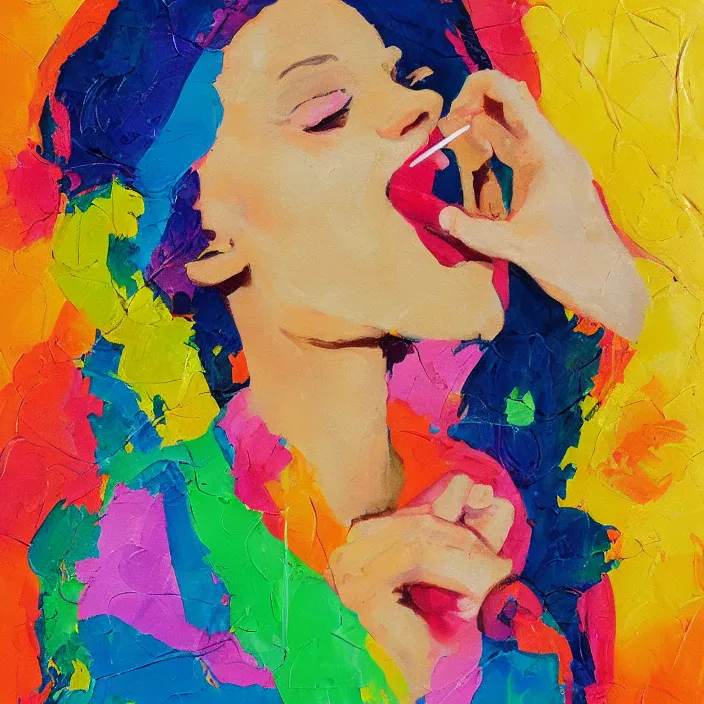 Image similar to portrait of beautiful woman licking a lollipop painted with colorful gouache impasto