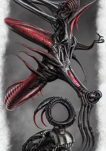 Image similar to a hummingbird - xenomorph, designed by h. r. giger, sci fi, intricate, extremely hyperdetailed, sharp focus, masterpiece, trending on artstation