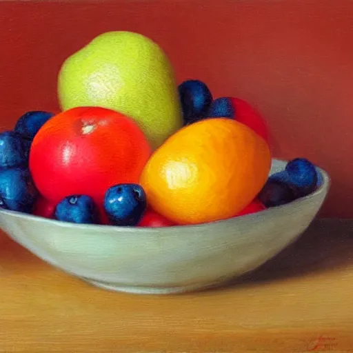 Image similar to a hyperrealistic painting of fruit in a bowl