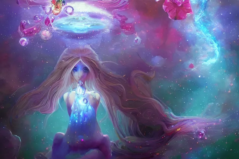 Prompt: yoni, yoni art, psychedelic, whimsical, 4k, beautiful, a crystal and flower, reflective pool, surrounded by gems, underneath the stars, rainbow fireflies, trending on patreon, deviantart, twitter, artstation, volumetric lighting, heavy contrast, art style of Greg Rutkowski and Miho Hirano and Ross Tran