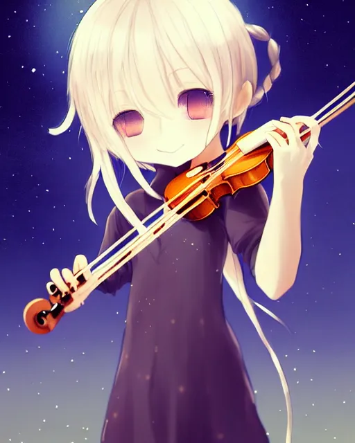 Image similar to chibi, cute, melancholy, full body, cat girl with white skin and golden long wavy hair holding a violin and playing a song, stunning art style, filters applied, lunar time, night sky, trending art, sharp focus, centered, landscape shot, fate zero, simple background, studio ghibly makoto shinkai yuji yamaguchi, by wlop