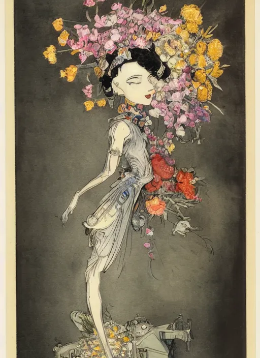 Image similar to Louis Icart, an old elaborate painting of a robot with flowers coming out its head, highly detailed, masterpiece