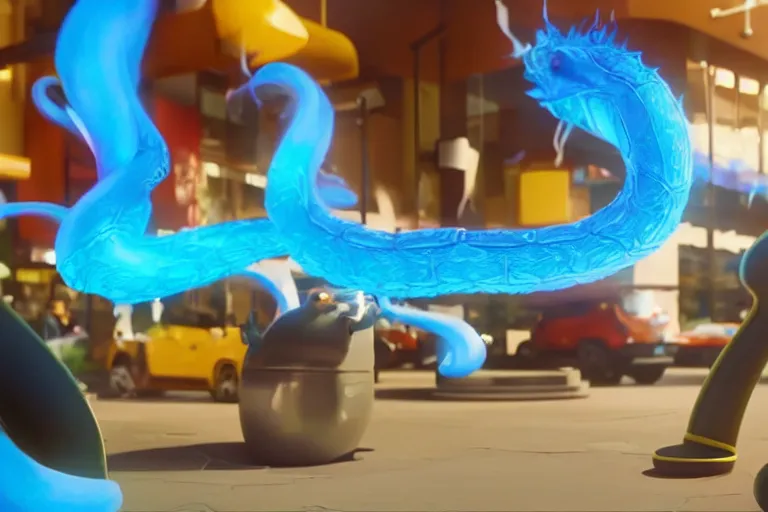 Image similar to a mc donalds commercial with a 3d snake spitting blue fire which is revealing french fries, commercial, 3d render, Mc donalds, 4k, sharp, by Beeple, Octane Render, cinema 4d