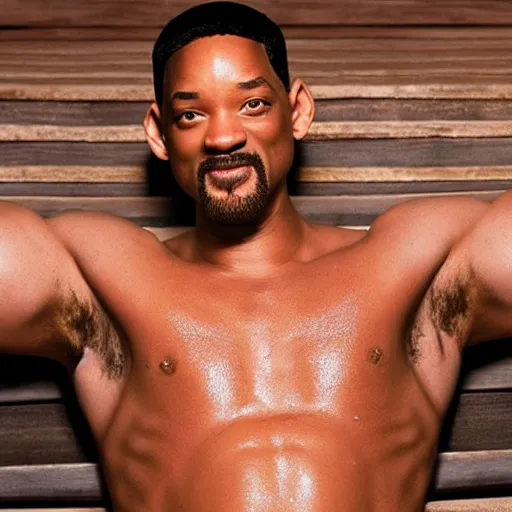 Image similar to Will Smith in a sauna with hairy chest